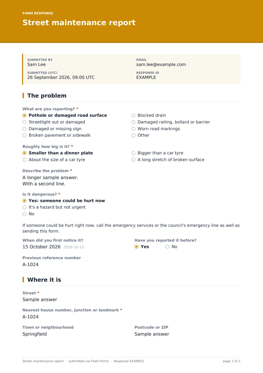 Street maintenance report — example response PDF, page 1 of 2