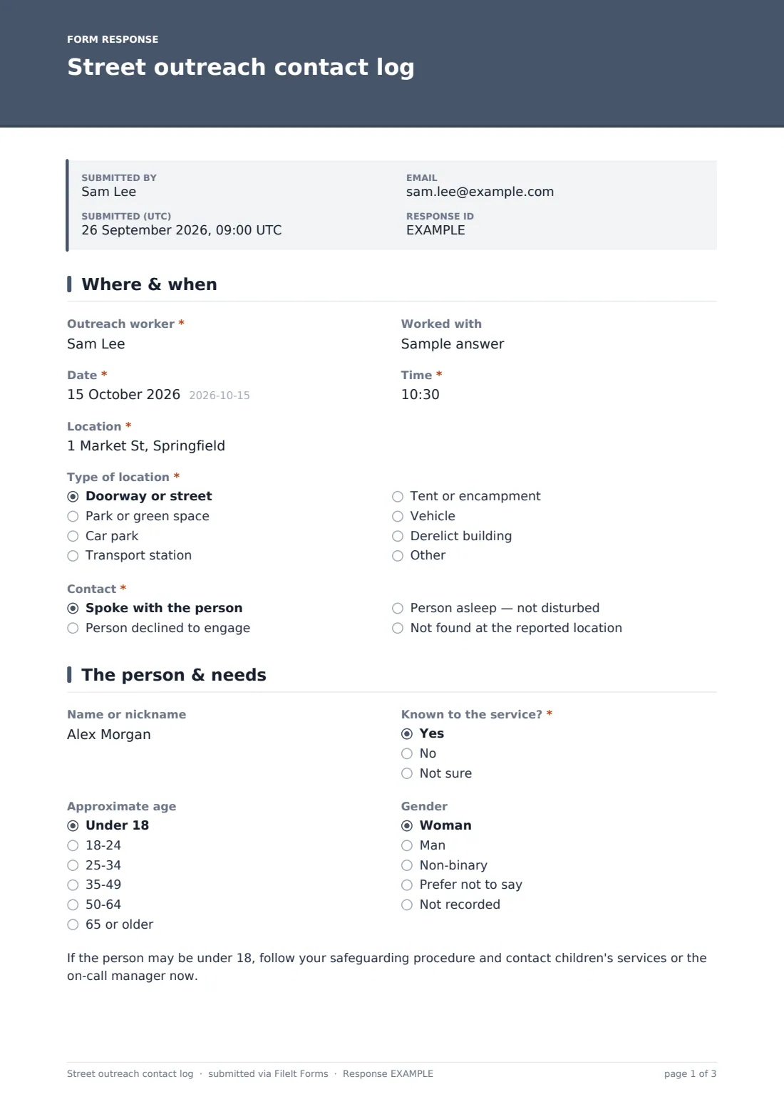 Street outreach contact log — example response PDF, page 1 of 3