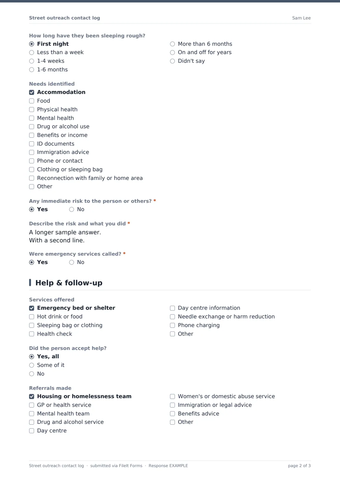 Street outreach contact log — example response PDF, page 2 of 3