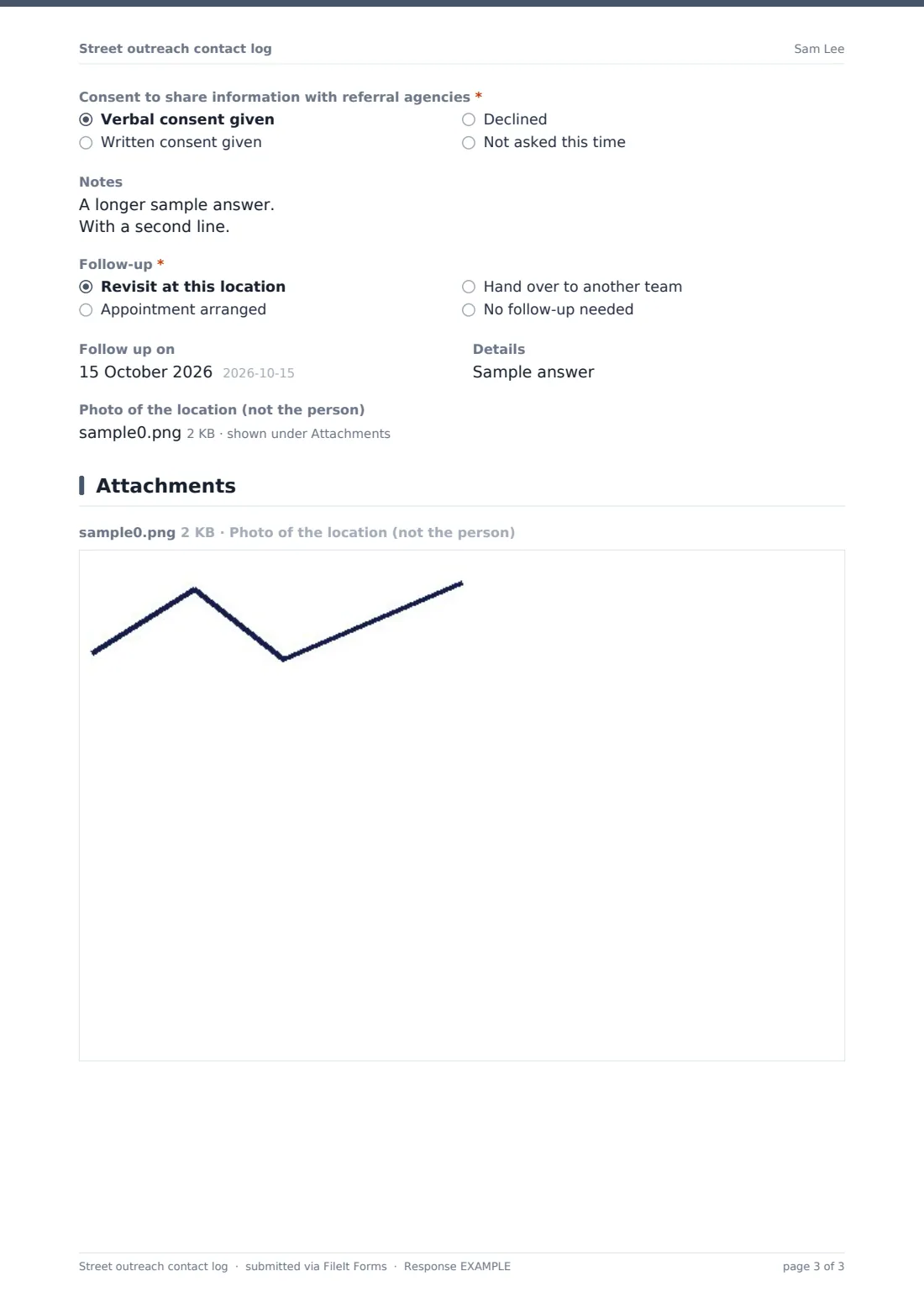 Street outreach contact log — example response PDF, page 3 of 3