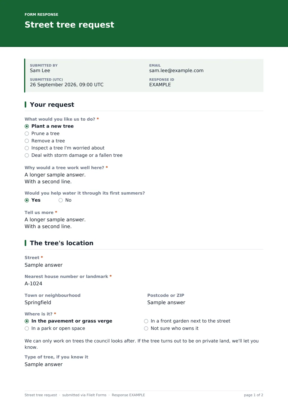 Street tree request — example response PDF, page 1 of 2