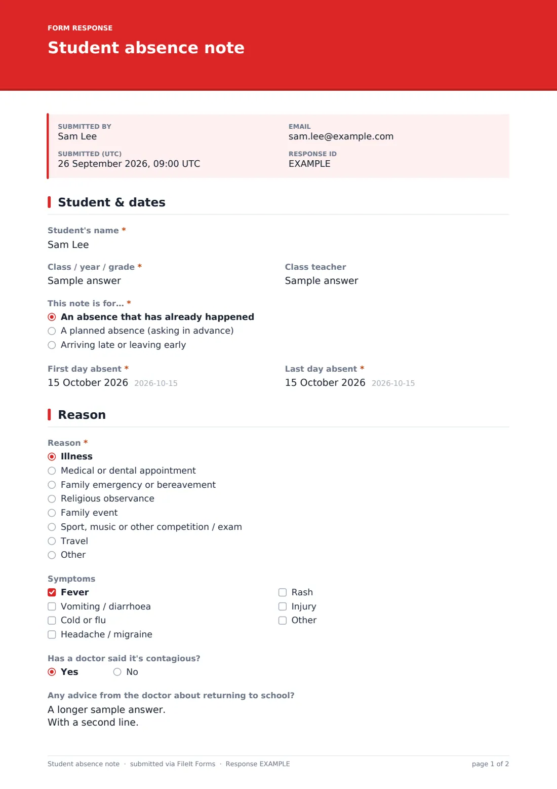 Student absence note — example response PDF, page 1 of 2