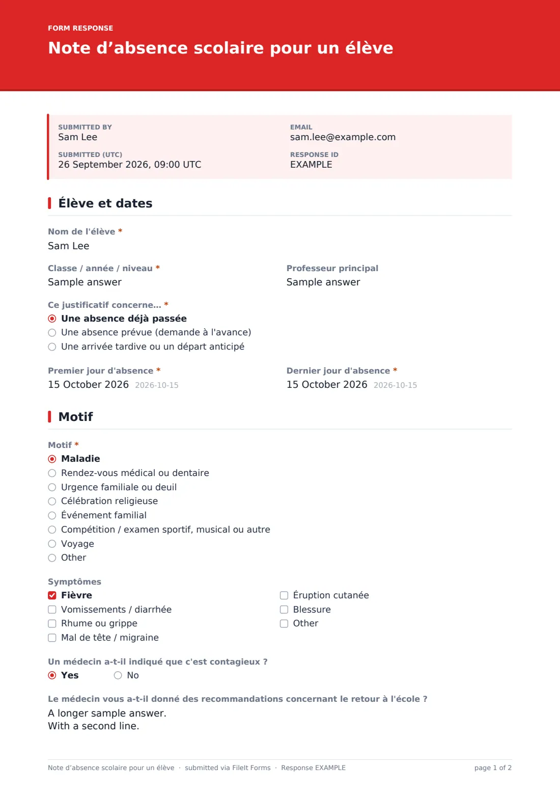 Note d’absence scolaire pour un élève — exemple de réponse au format PDF, page 1 sur 2