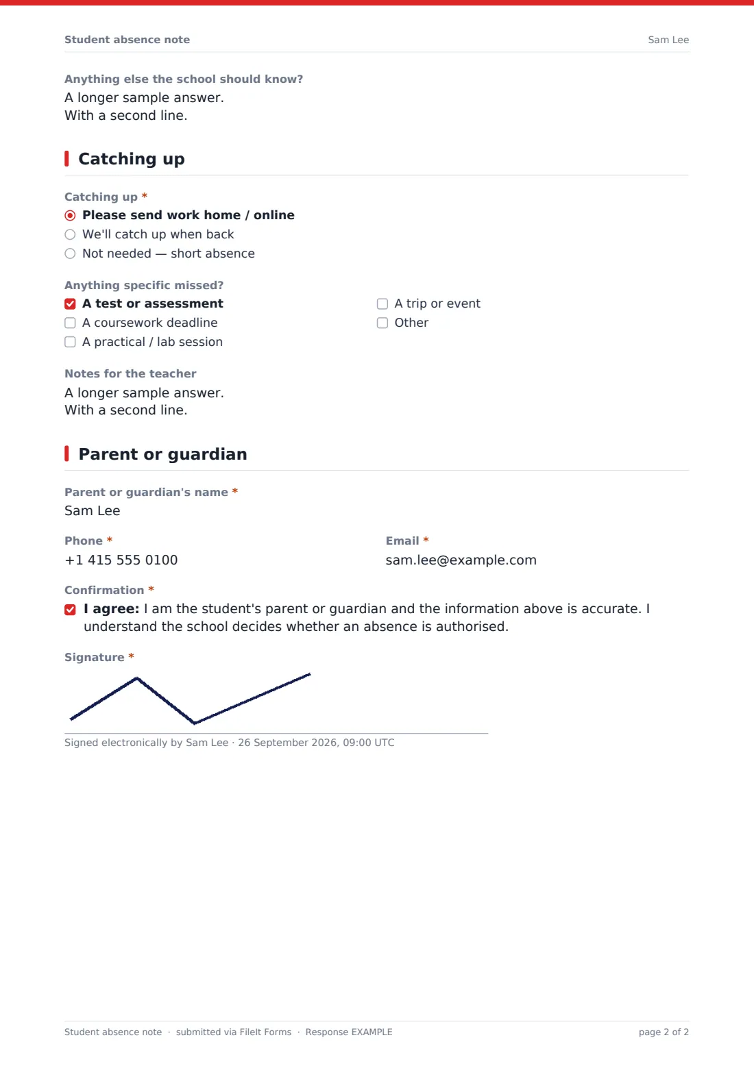 Student absence note — example response PDF, page 2 of 2