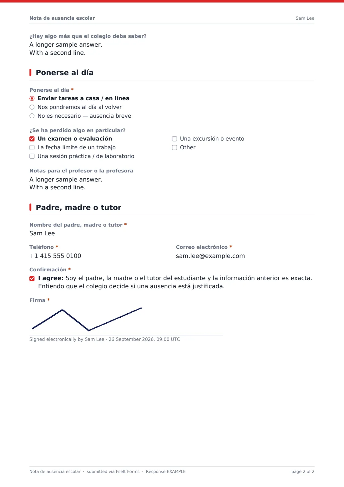 Nota de ausencia escolar — PDF de respuesta de ejemplo, página 2 de 2