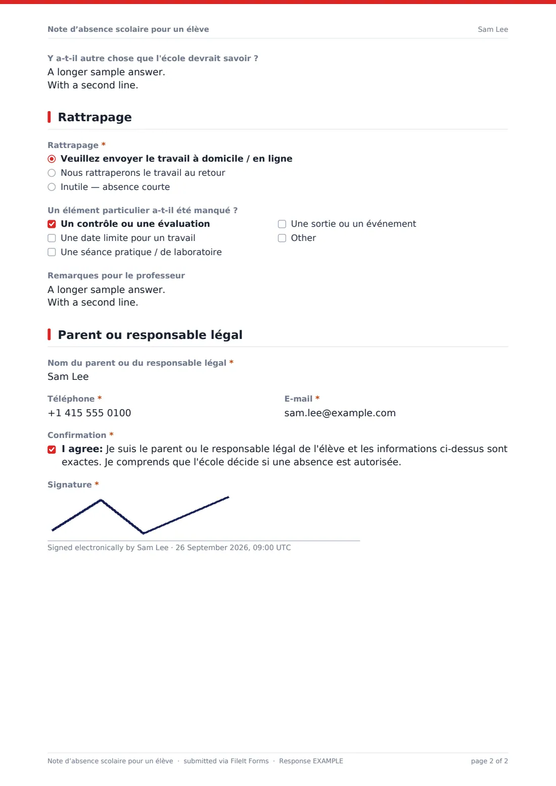 Note d’absence scolaire pour un élève — exemple de réponse au format PDF, page 2 sur 2
