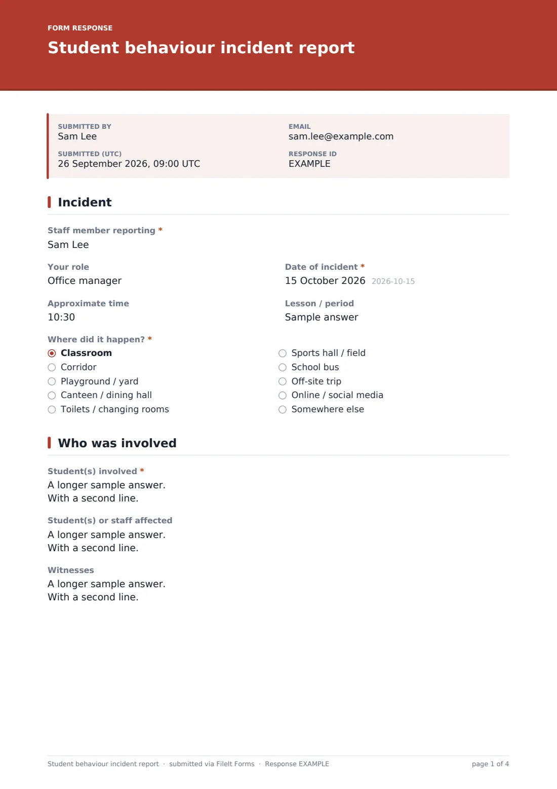 Student behaviour incident report — example response PDF, page 1 of 4