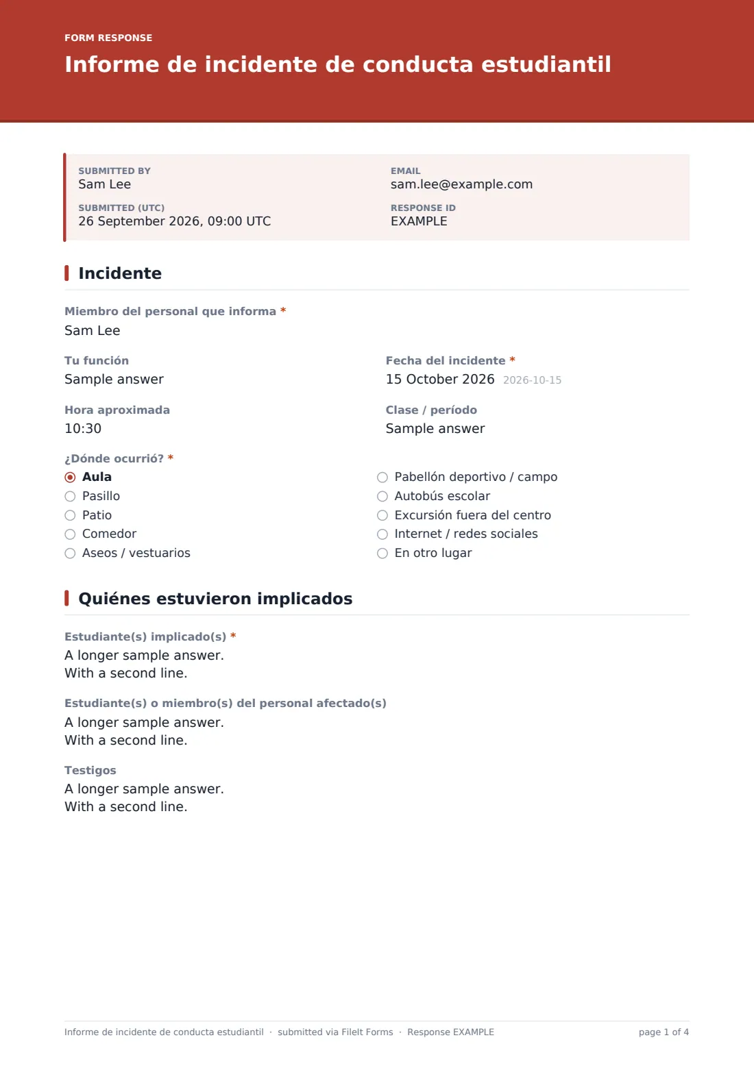Informe de incidente de conducta estudiantil — PDF de respuesta de ejemplo, página 1 de 4
