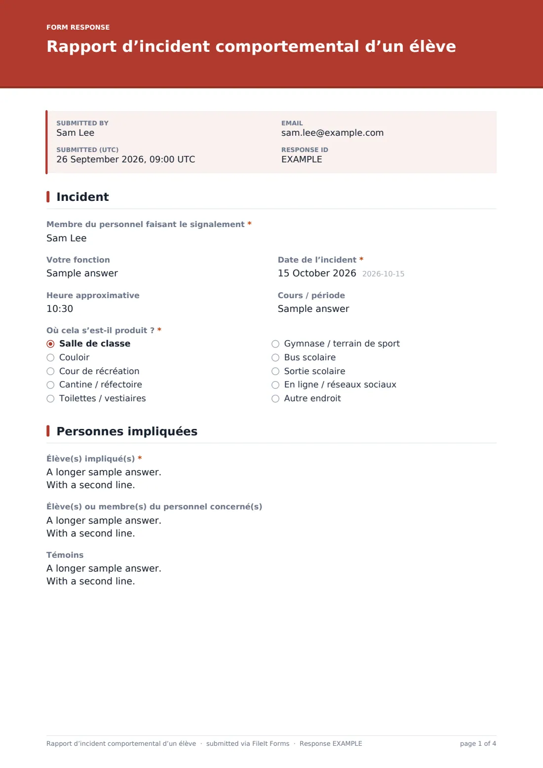 Rapport d’incident comportemental d’un élève — exemple de réponse au format PDF, page 1 sur 4