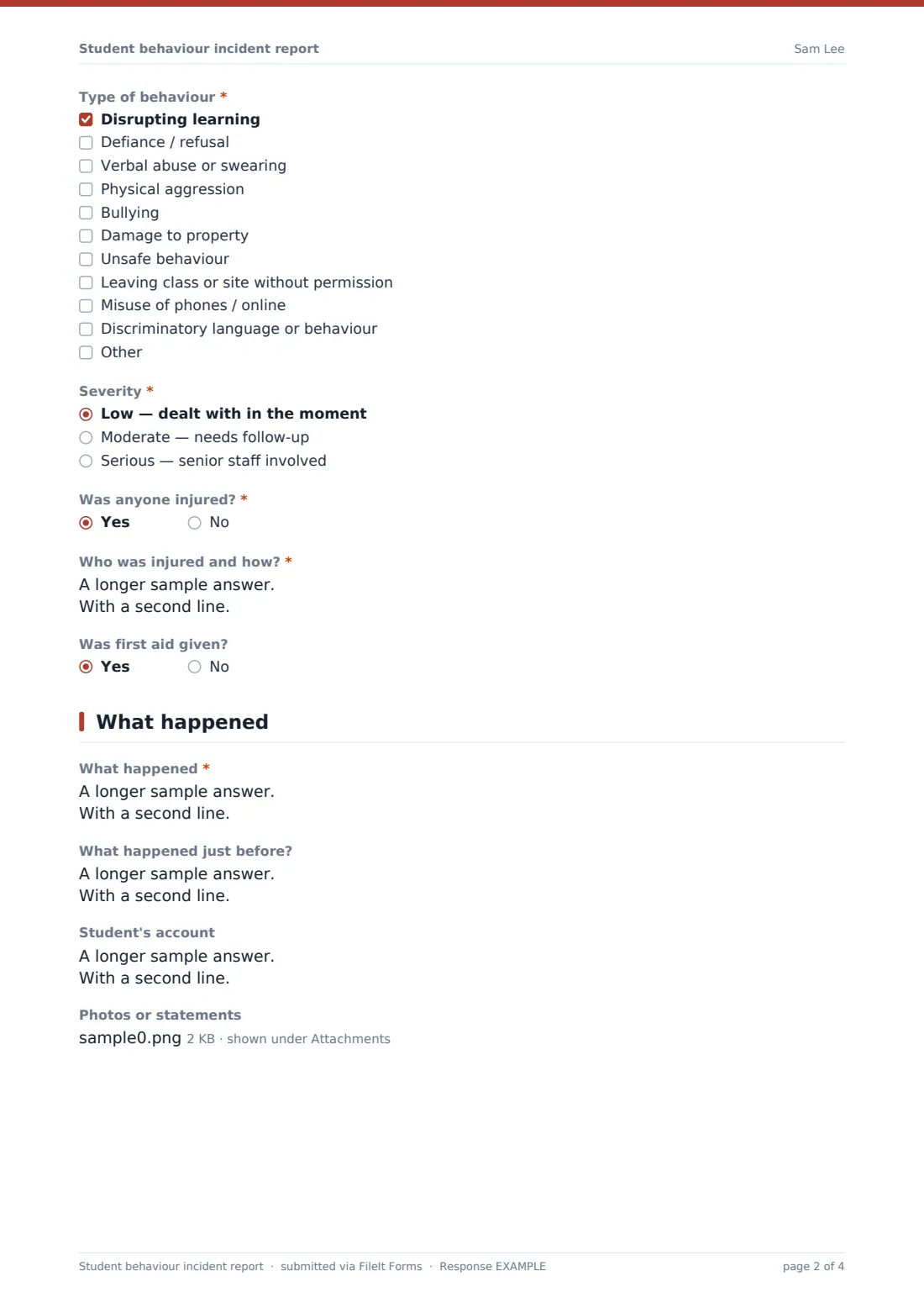 Student behaviour incident report — example response PDF, page 2 of 4