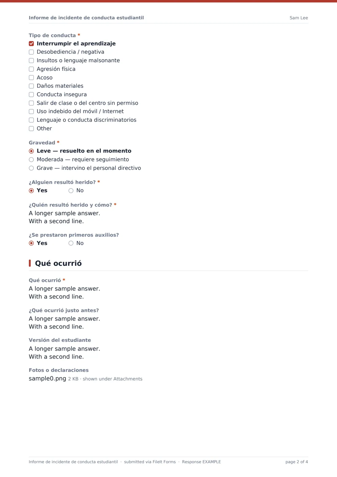 Informe de incidente de conducta estudiantil — PDF de respuesta de ejemplo, página 2 de 4
