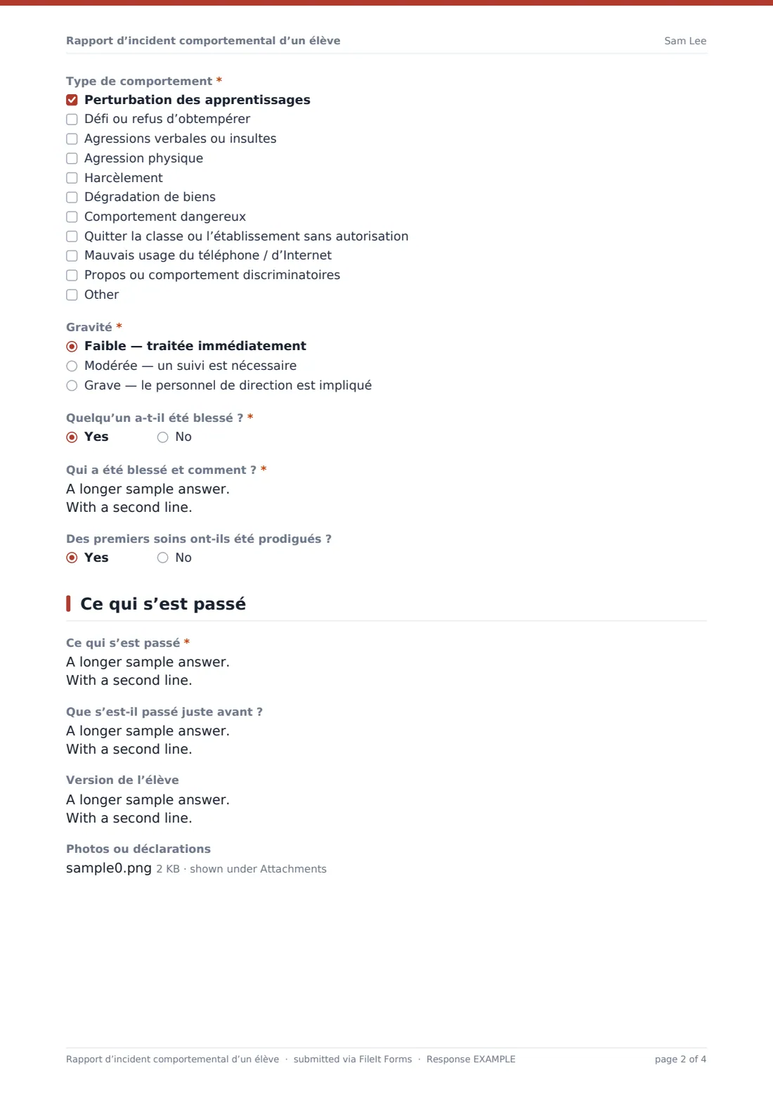 Rapport d’incident comportemental d’un élève — exemple de réponse au format PDF, page 2 sur 4