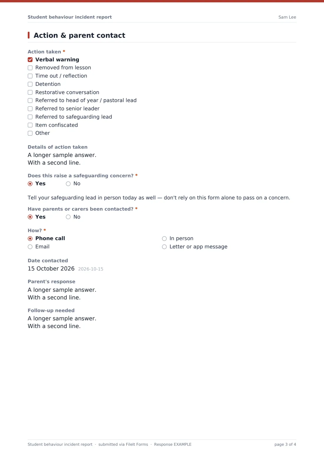 Student behaviour incident report — example response PDF, page 3 of 4