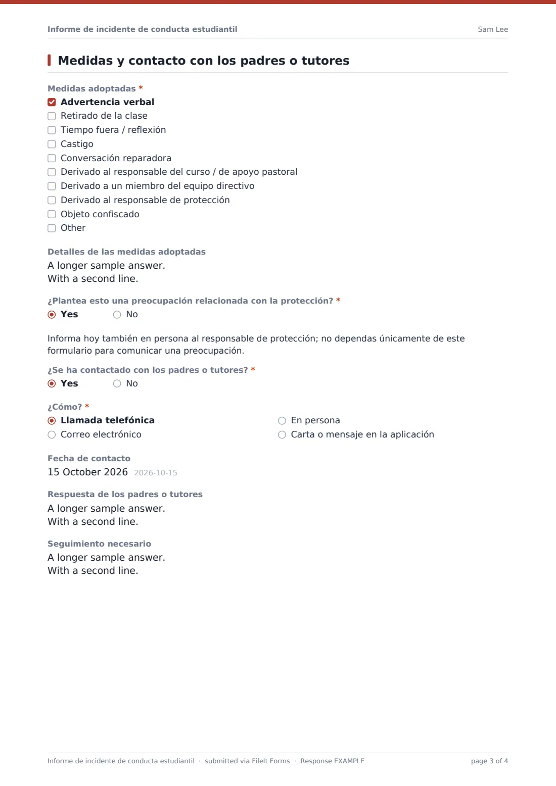 Informe de incidente de conducta estudiantil — PDF de respuesta de ejemplo, página 3 de 4