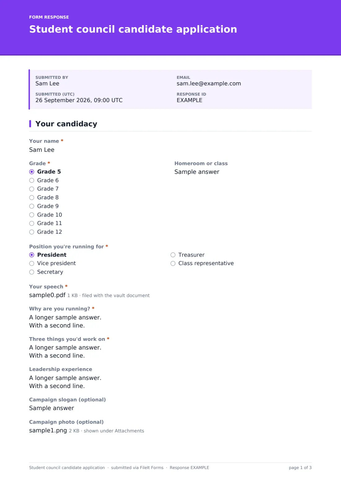 Student council candidate application — example response PDF, page 1 of 3