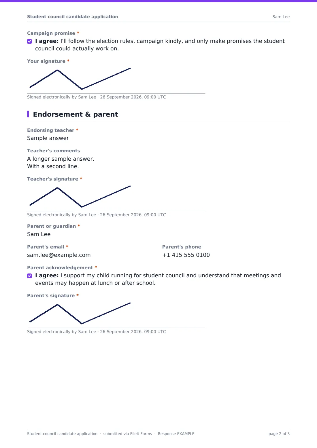 Student council candidate application — example response PDF, page 2 of 3