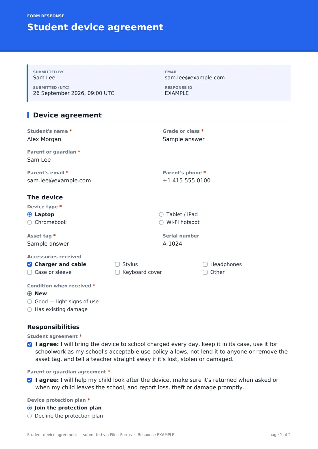 Student device agreement — example response PDF, page 1 of 2