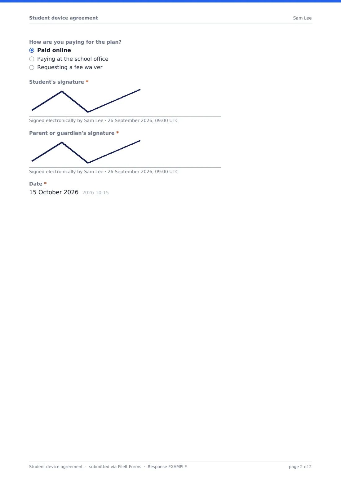 Student device agreement — example response PDF, page 2 of 2