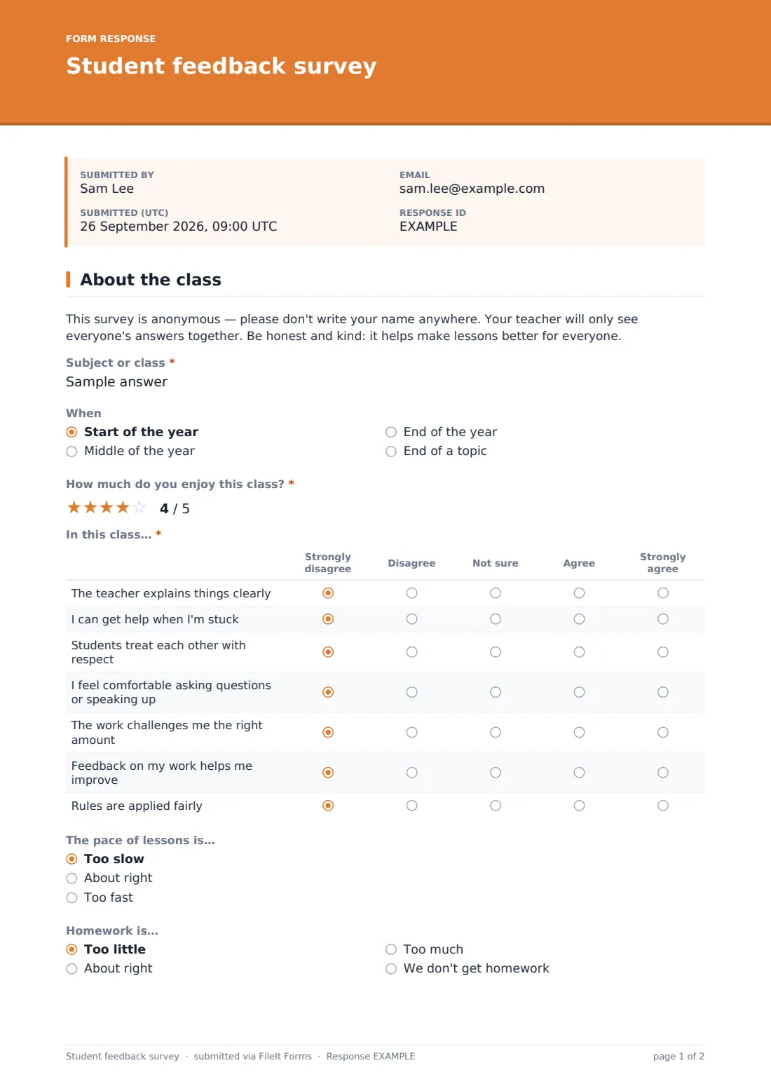 Student feedback survey — example response PDF, page 1 of 2