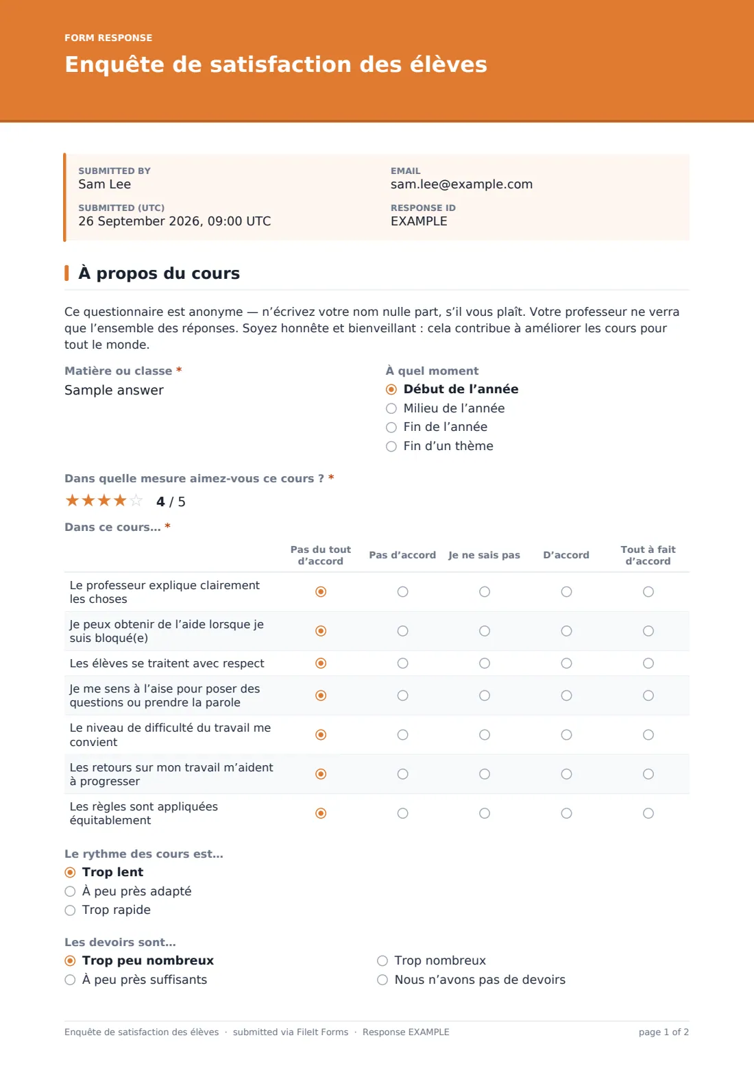 Enquête de satisfaction des élèves — exemple de réponse au format PDF, page 1 sur 2