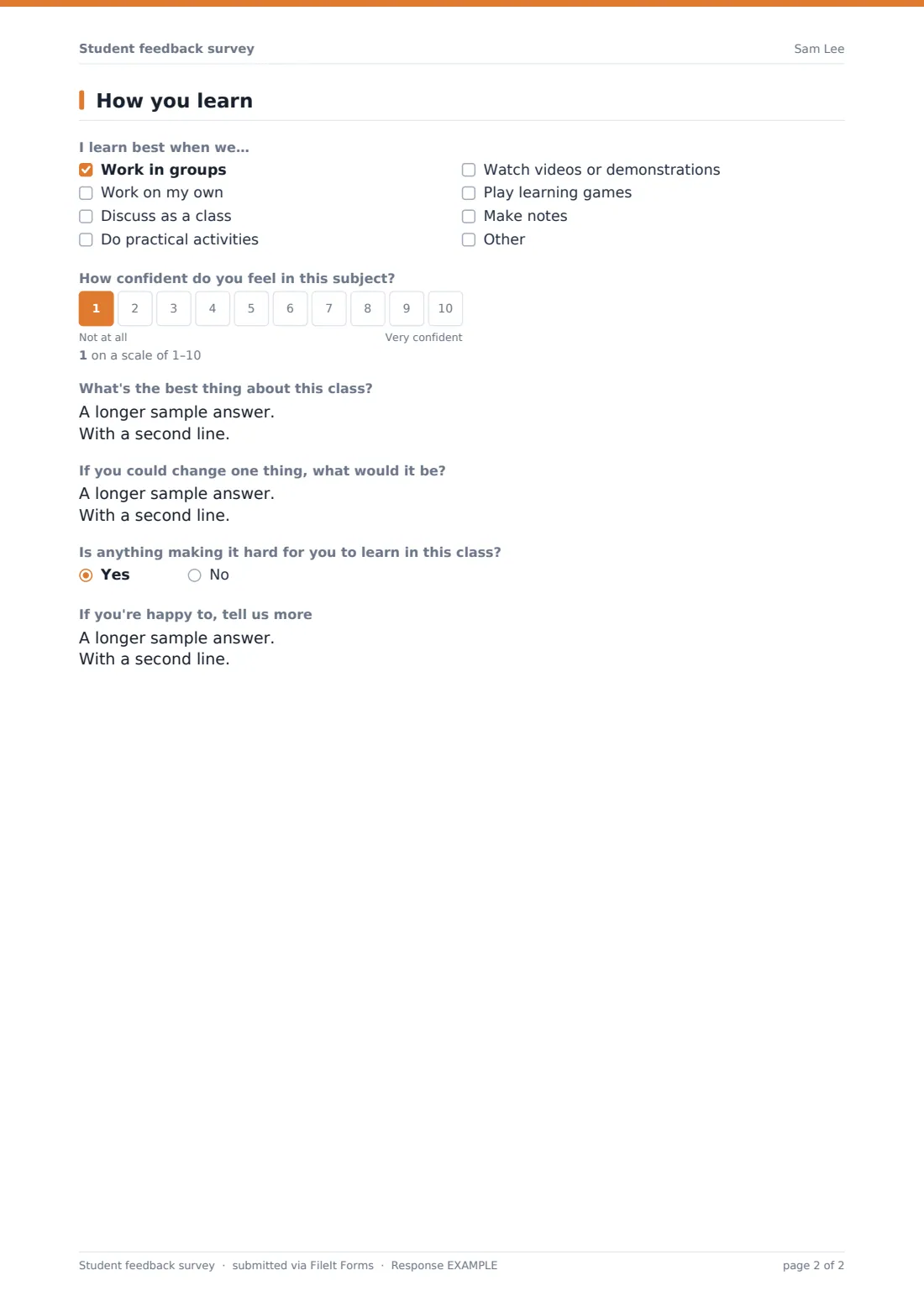 Student feedback survey — example response PDF, page 2 of 2