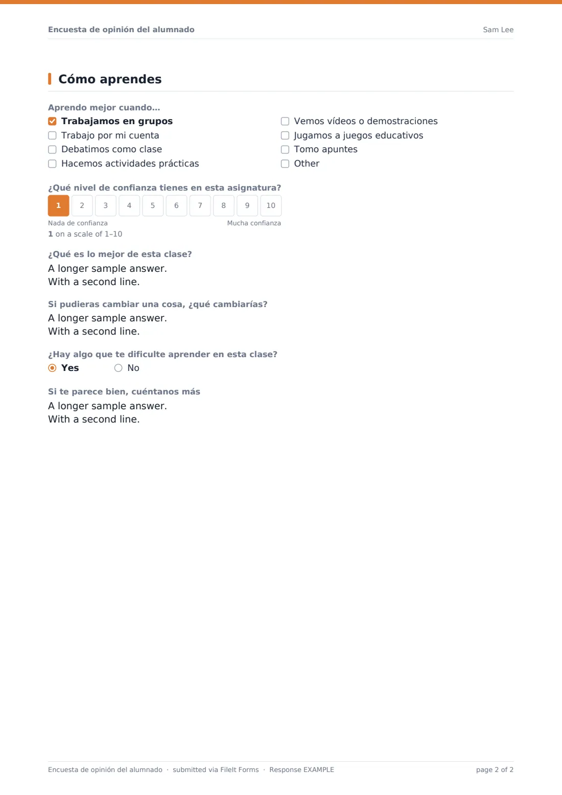 Encuesta de opinión del alumnado — PDF de respuesta de ejemplo, página 2 de 2