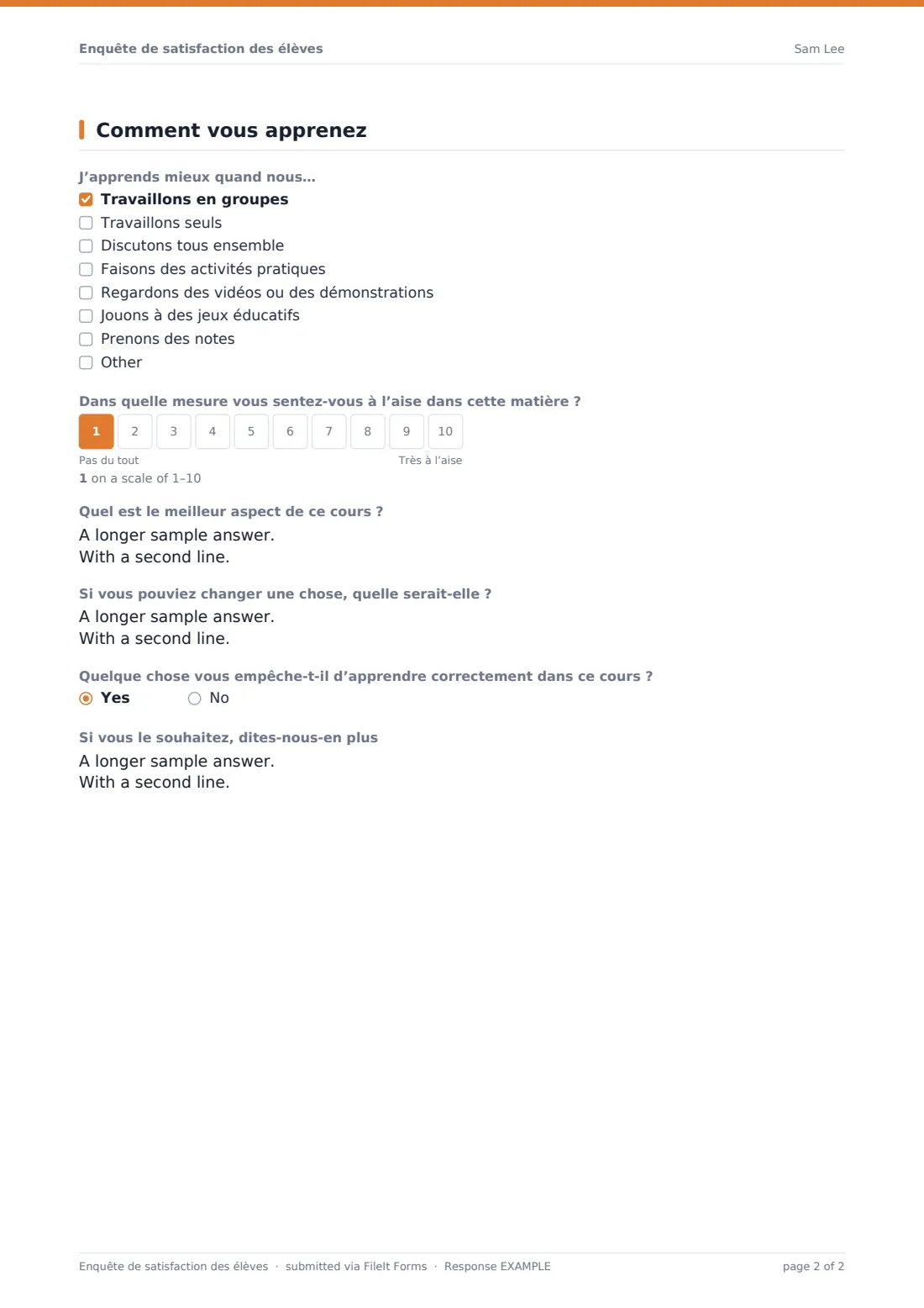 Enquête de satisfaction des élèves — exemple de réponse au format PDF, page 2 sur 2