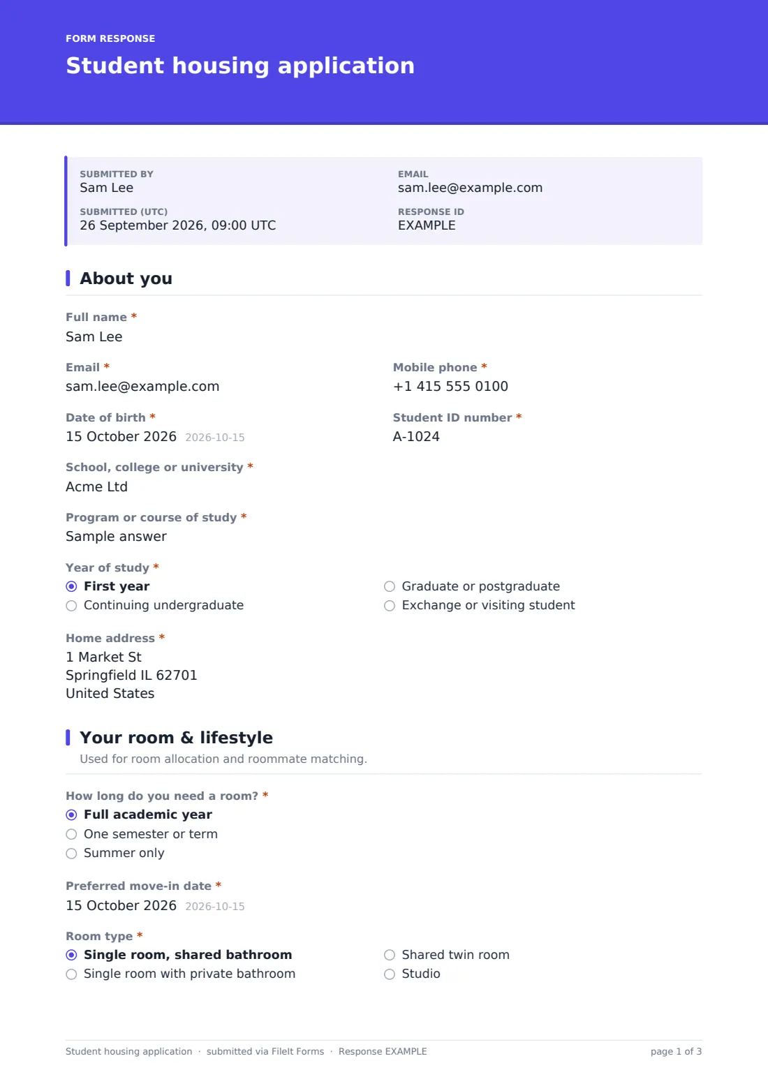 Student housing application — example response PDF, page 1 of 3