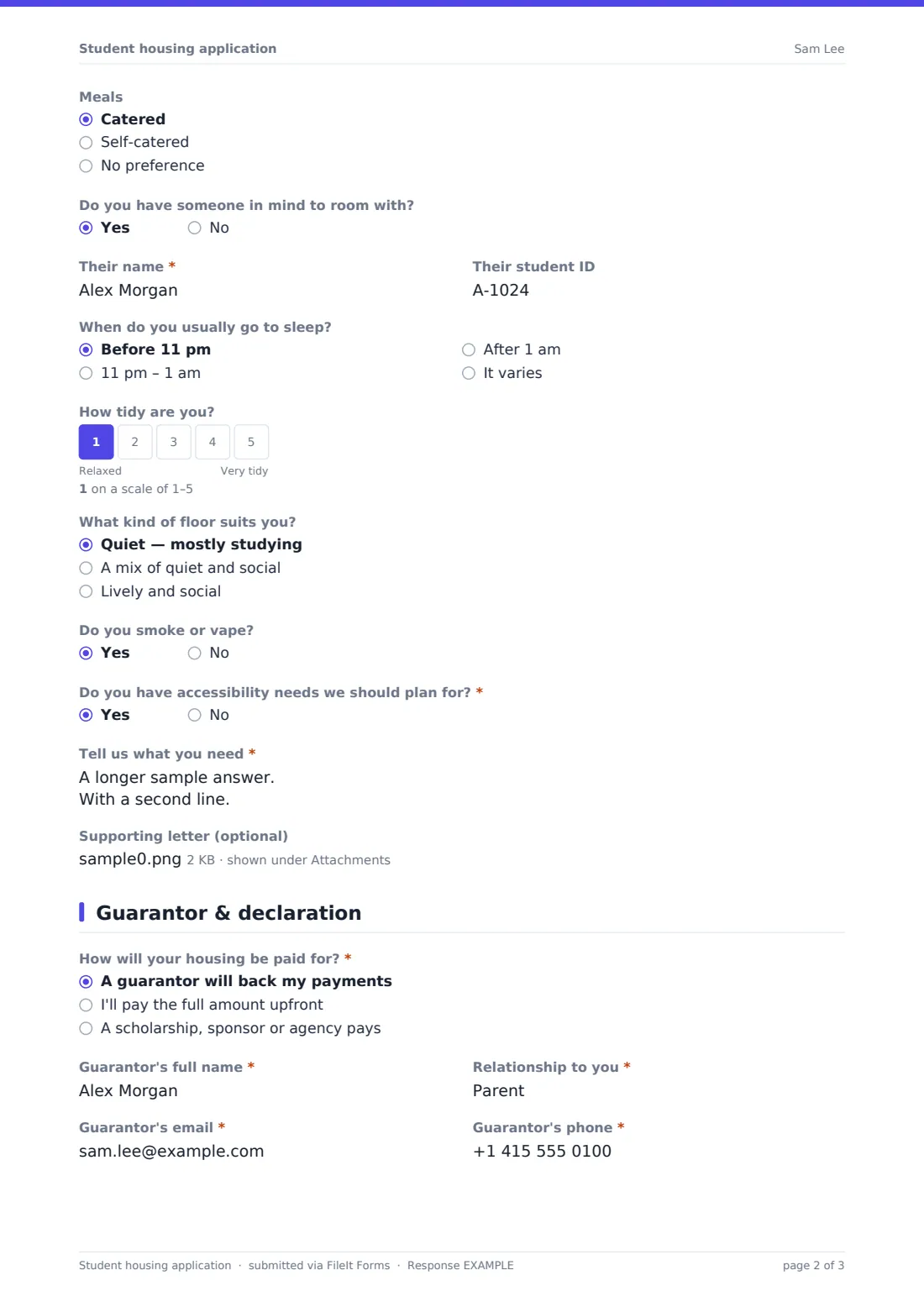 Student housing application — example response PDF, page 2 of 3