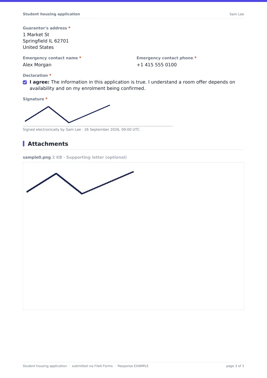 Student housing application — example response PDF, page 3 of 3