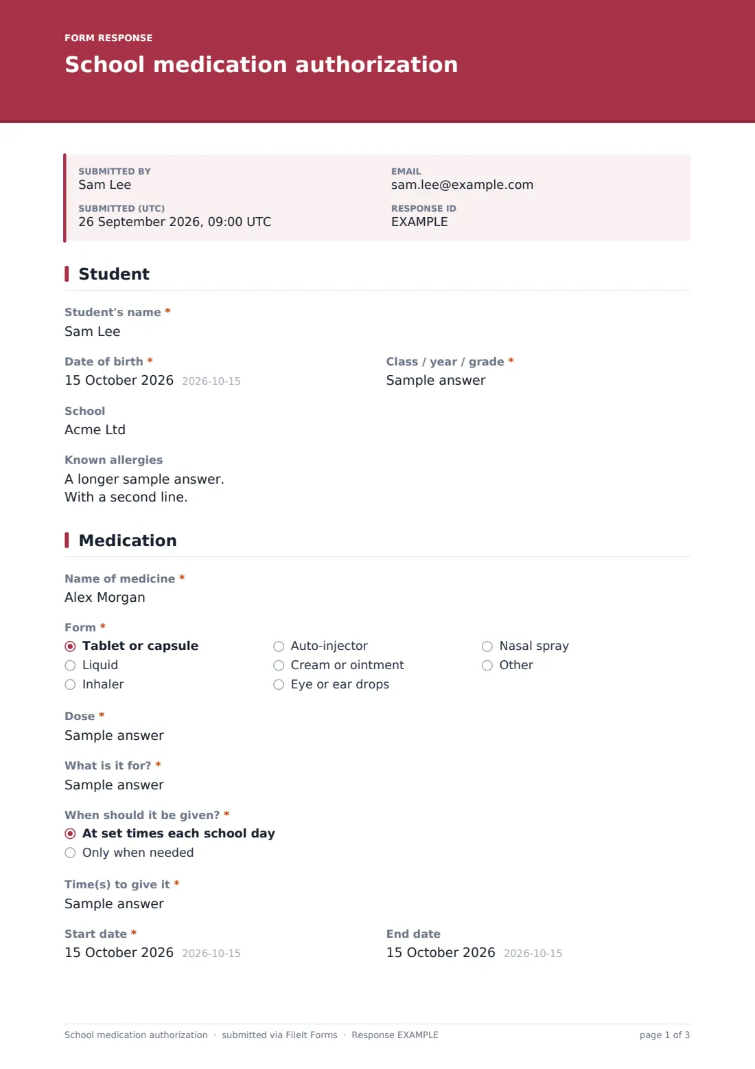 School medication authorization — example response PDF, page 1 of 3