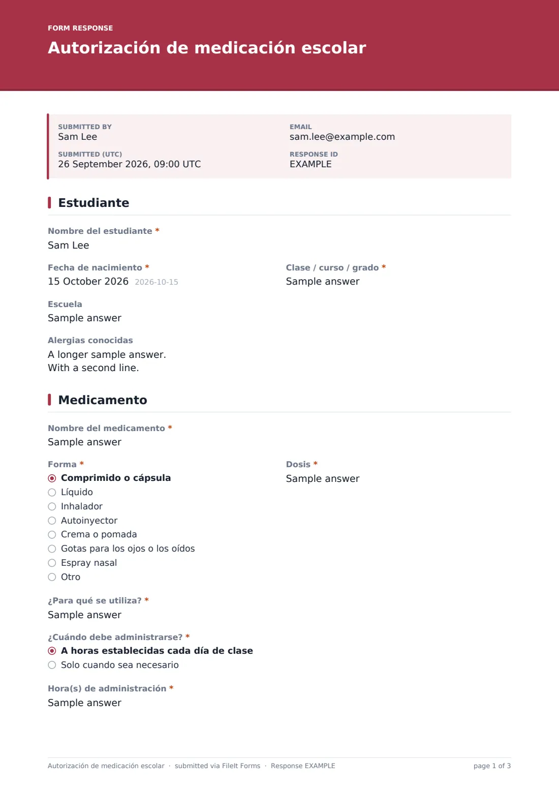 Autorización de medicación escolar — PDF de respuesta de ejemplo, página 1 de 3