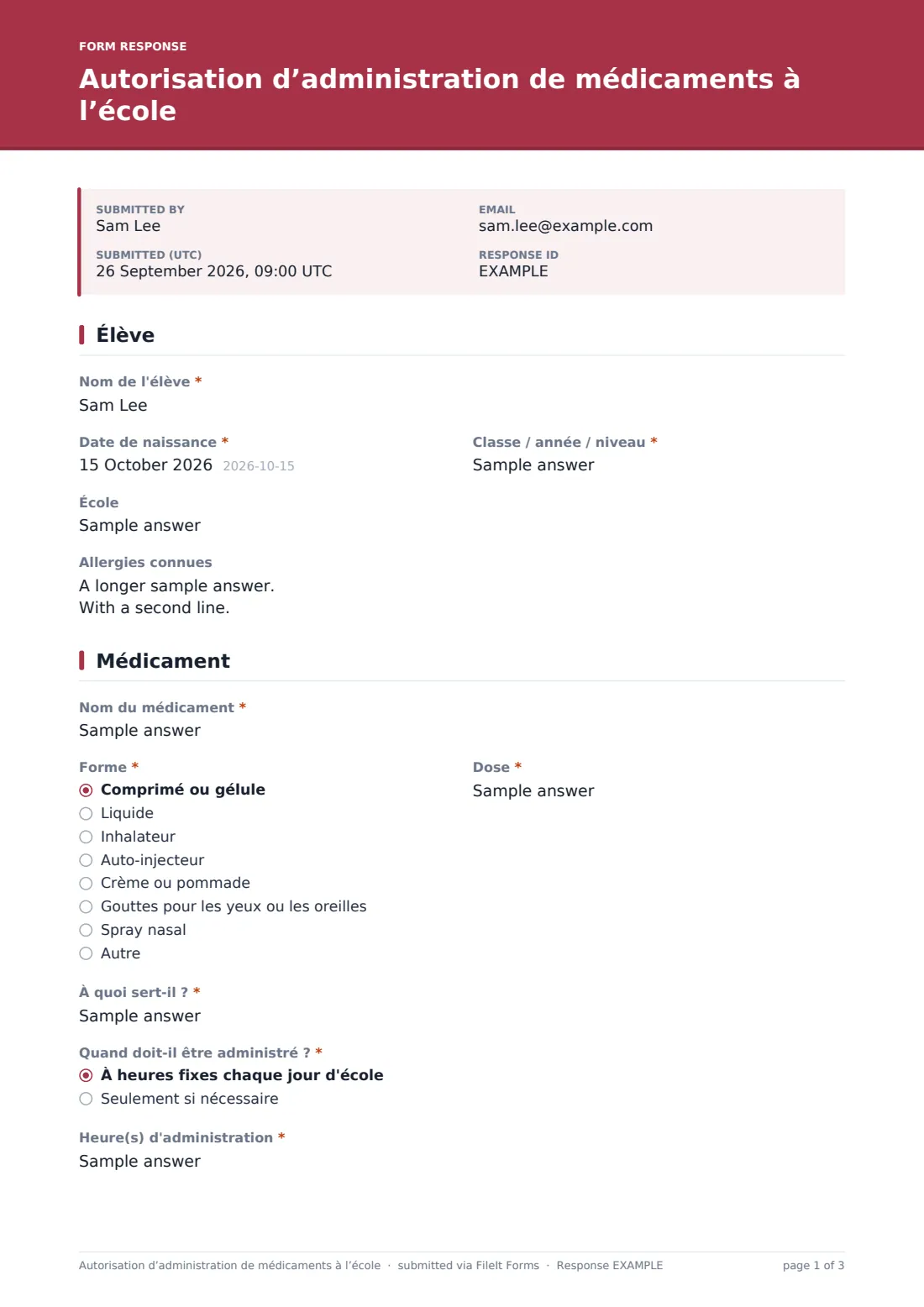 Autorisation d’administration de médicaments à l’école — exemple de réponse au format PDF, page 1 sur 3