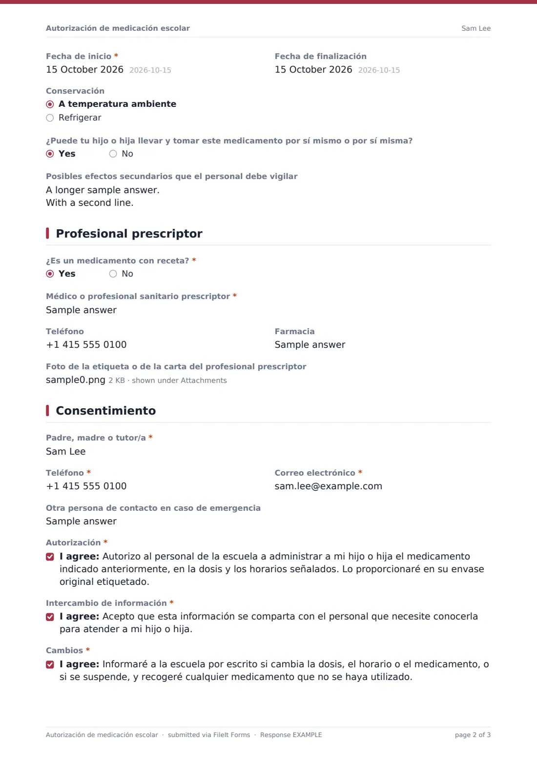 Autorización de medicación escolar — PDF de respuesta de ejemplo, página 2 de 3