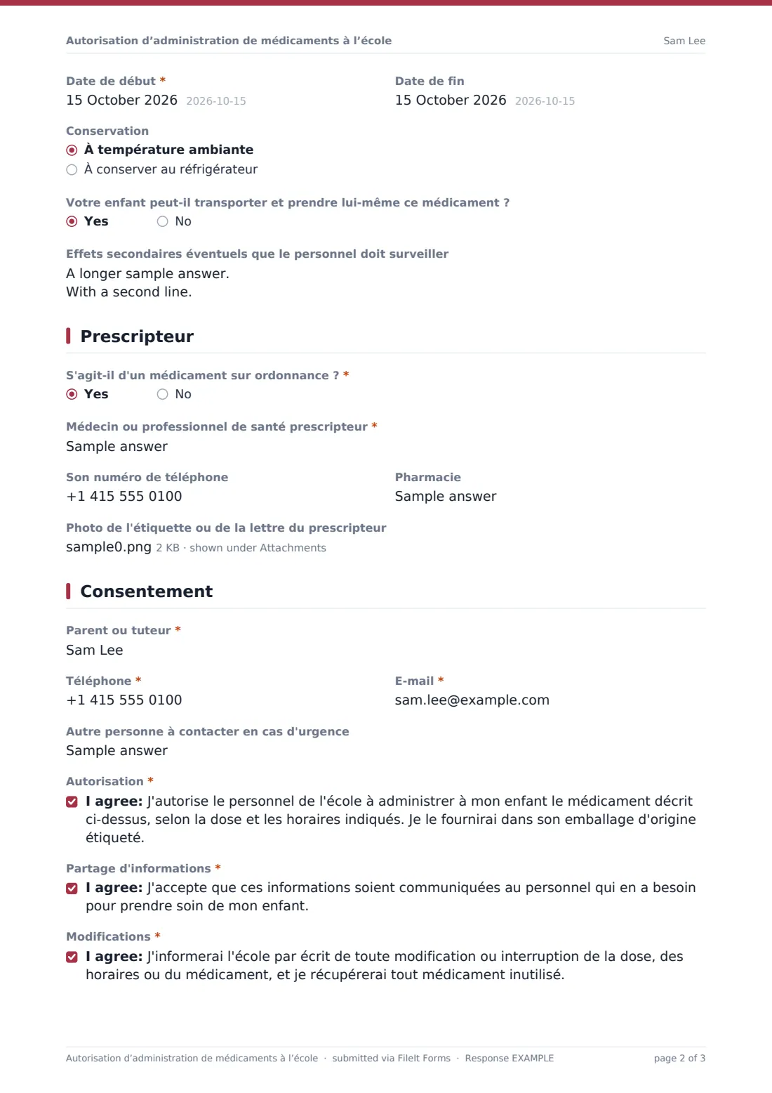 Autorisation d’administration de médicaments à l’école — exemple de réponse au format PDF, page 2 sur 3