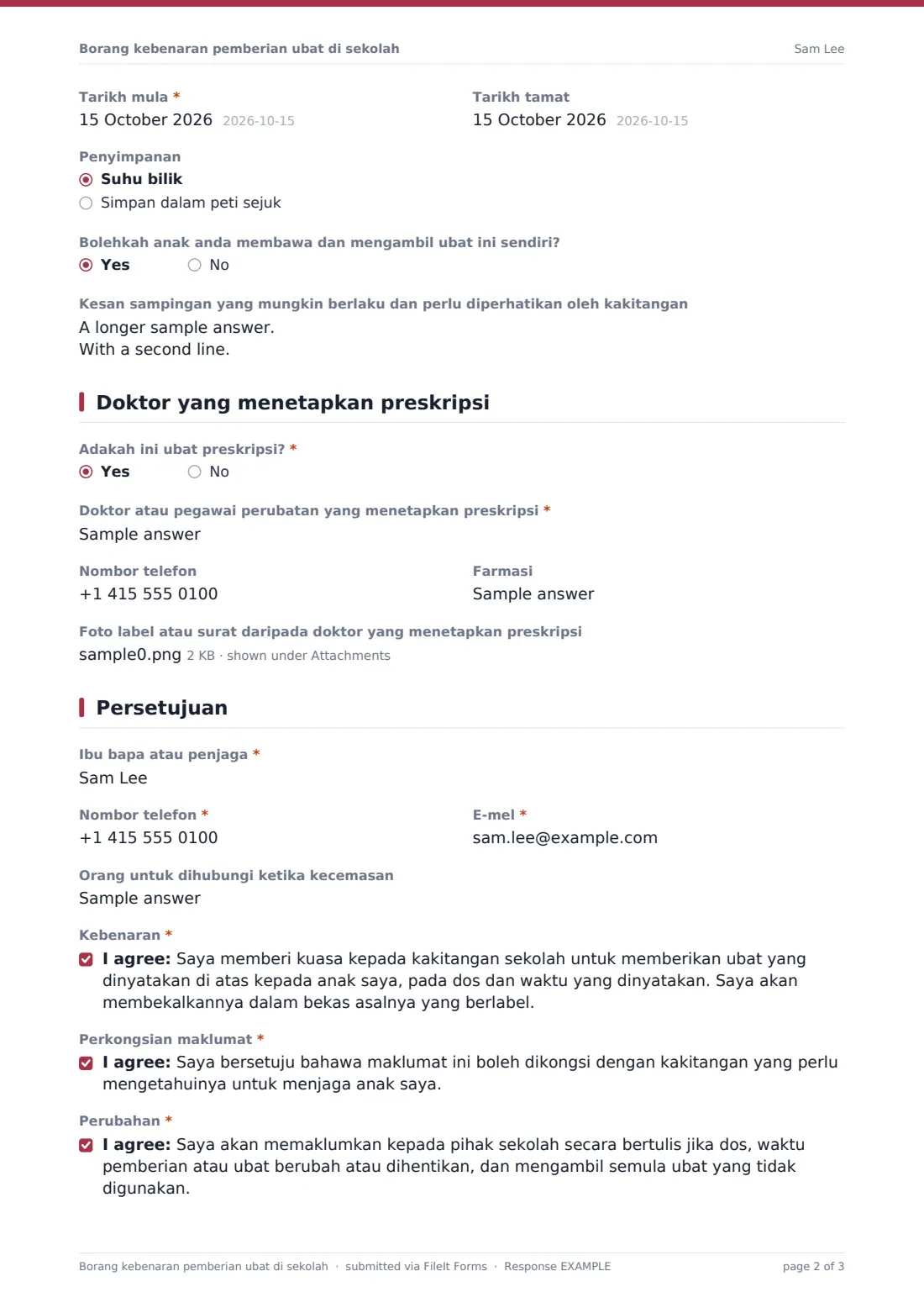 Borang kebenaran pemberian ubat di sekolah — PDF respons contoh, halaman 2 daripada 3