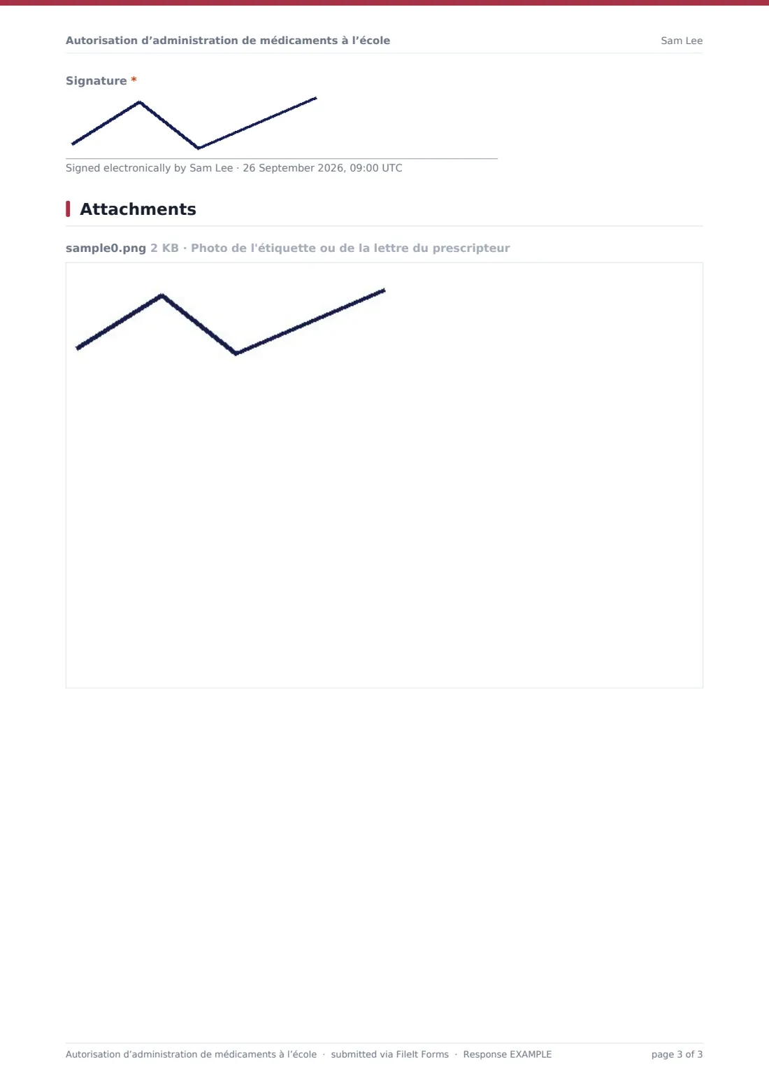 Autorisation d’administration de médicaments à l’école — exemple de réponse au format PDF, page 3 sur 3