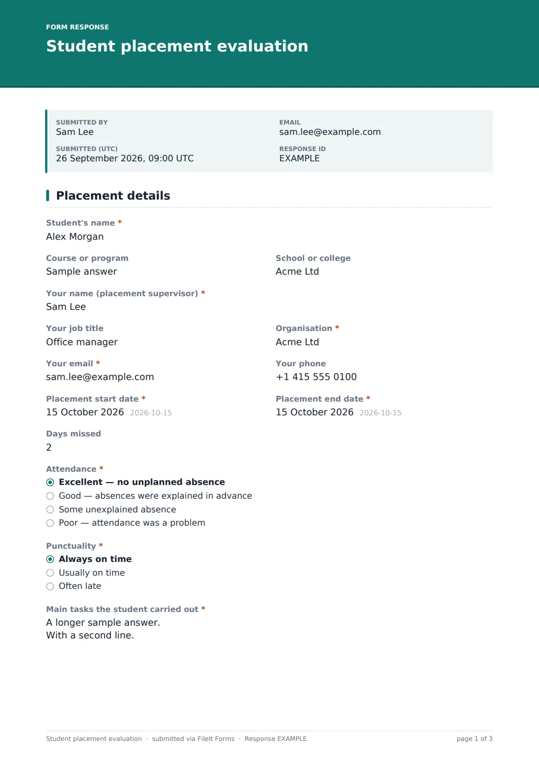 Student placement evaluation — example response PDF, page 1 of 3