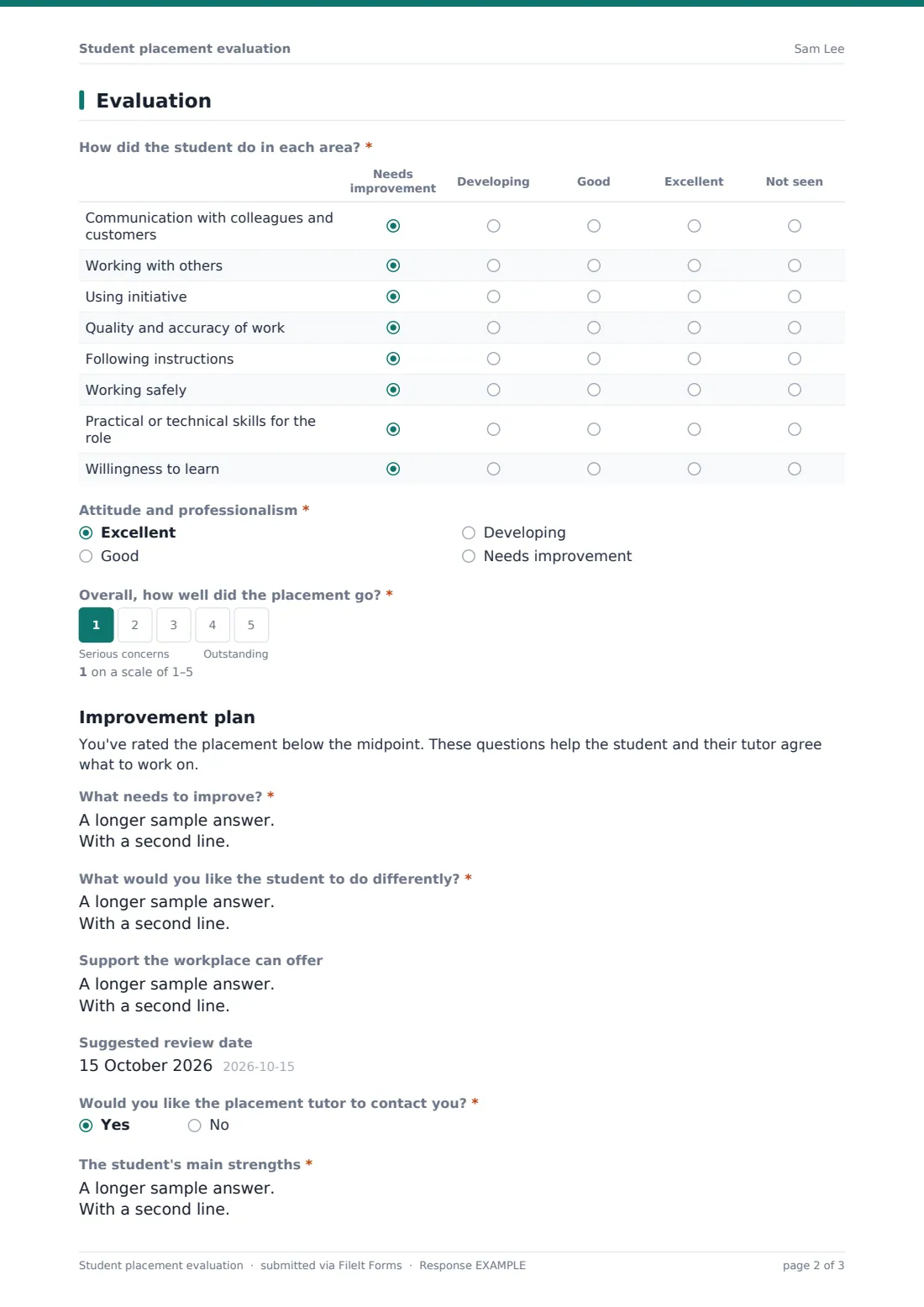 Student placement evaluation — example response PDF, page 2 of 3