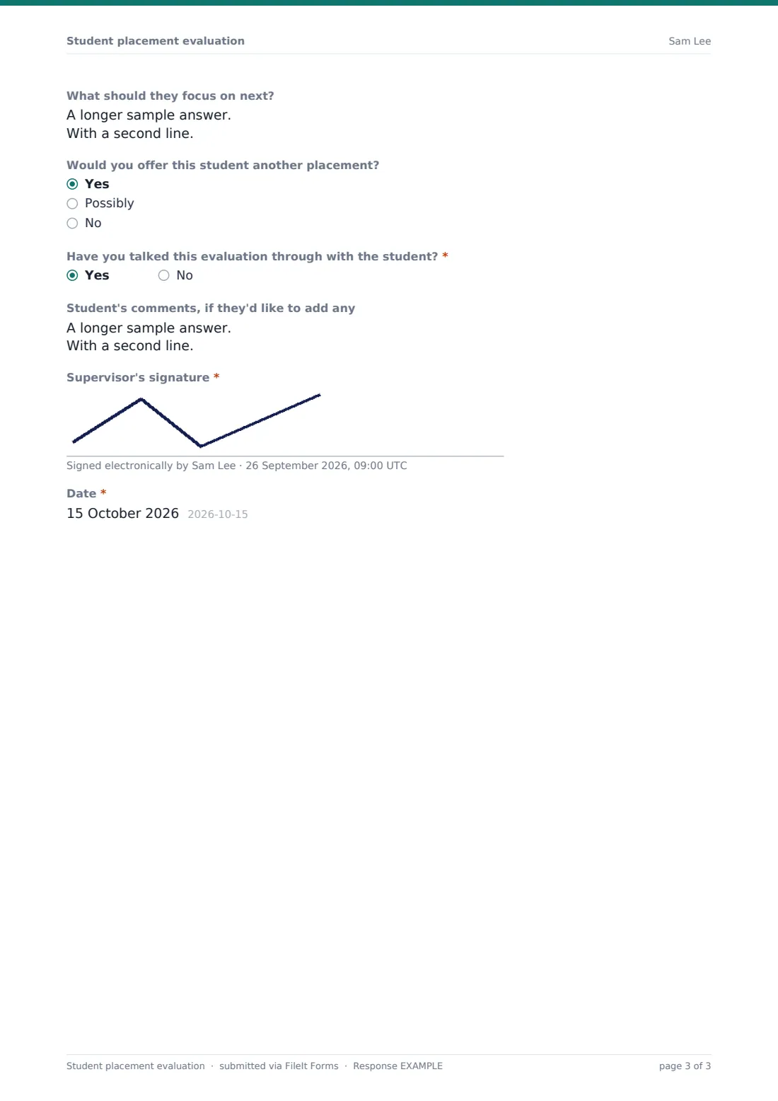 Student placement evaluation — example response PDF, page 3 of 3