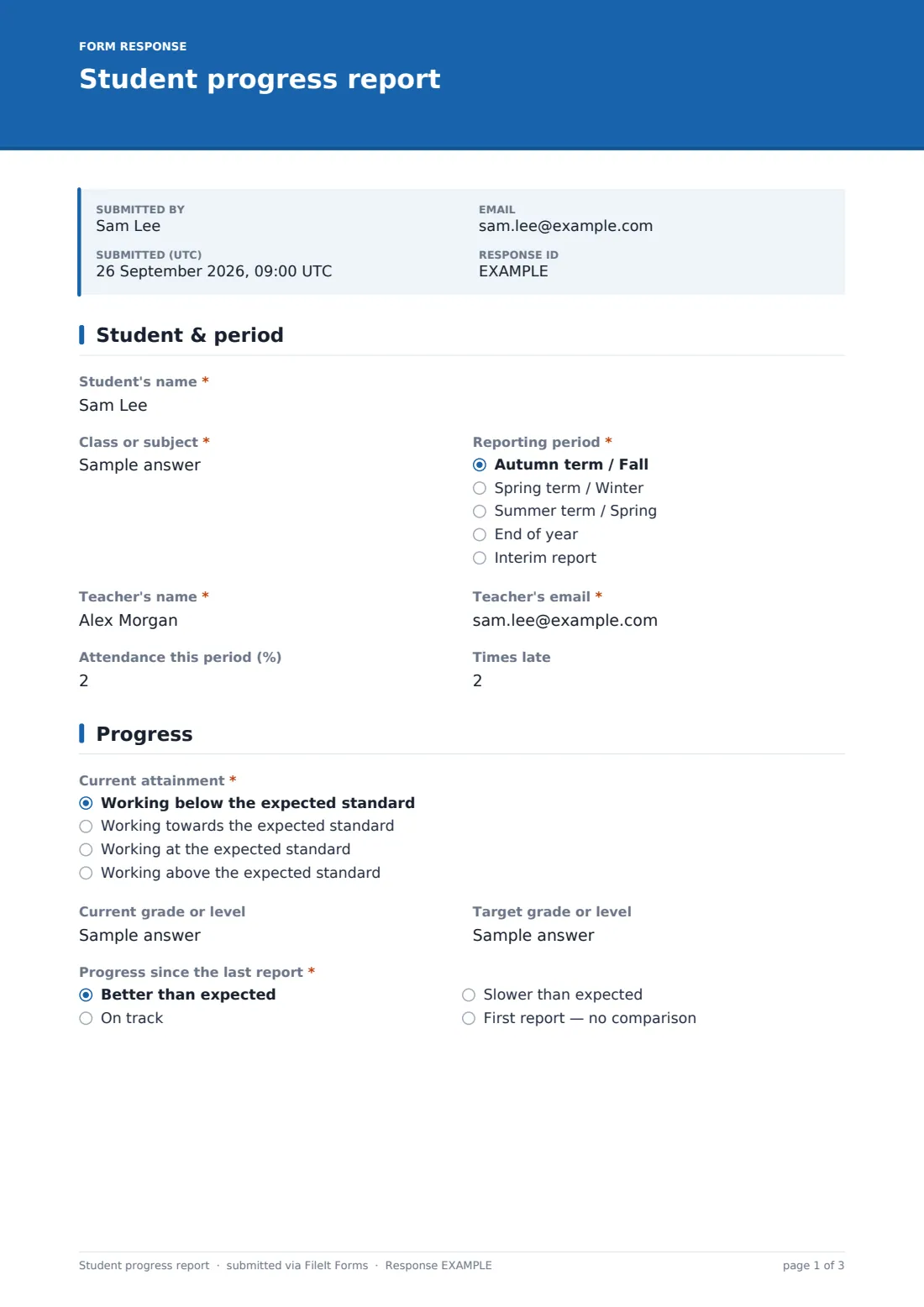 Student progress report — example response PDF, page 1 of 3