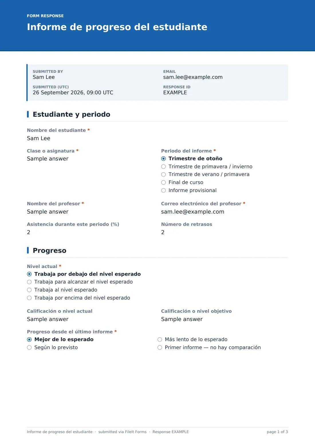 Informe de progreso del estudiante — PDF de respuesta de ejemplo, página 1 de 3
