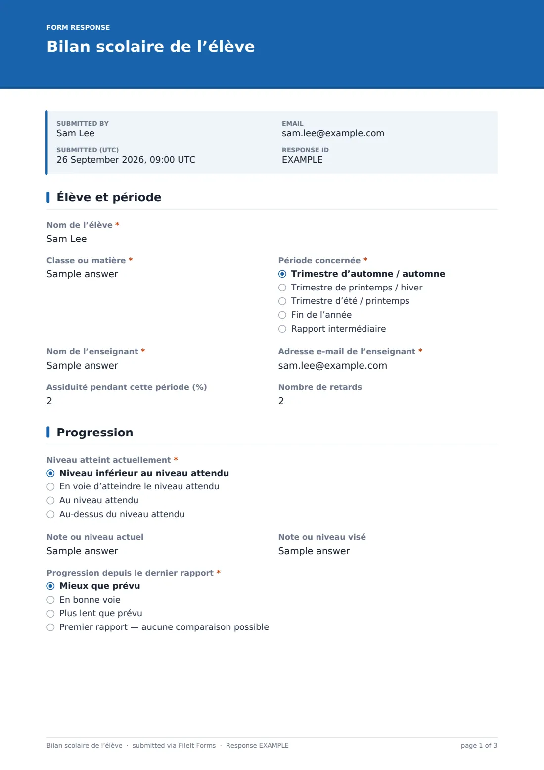 Bilan scolaire de l’élève — exemple de réponse au format PDF, page 1 sur 3