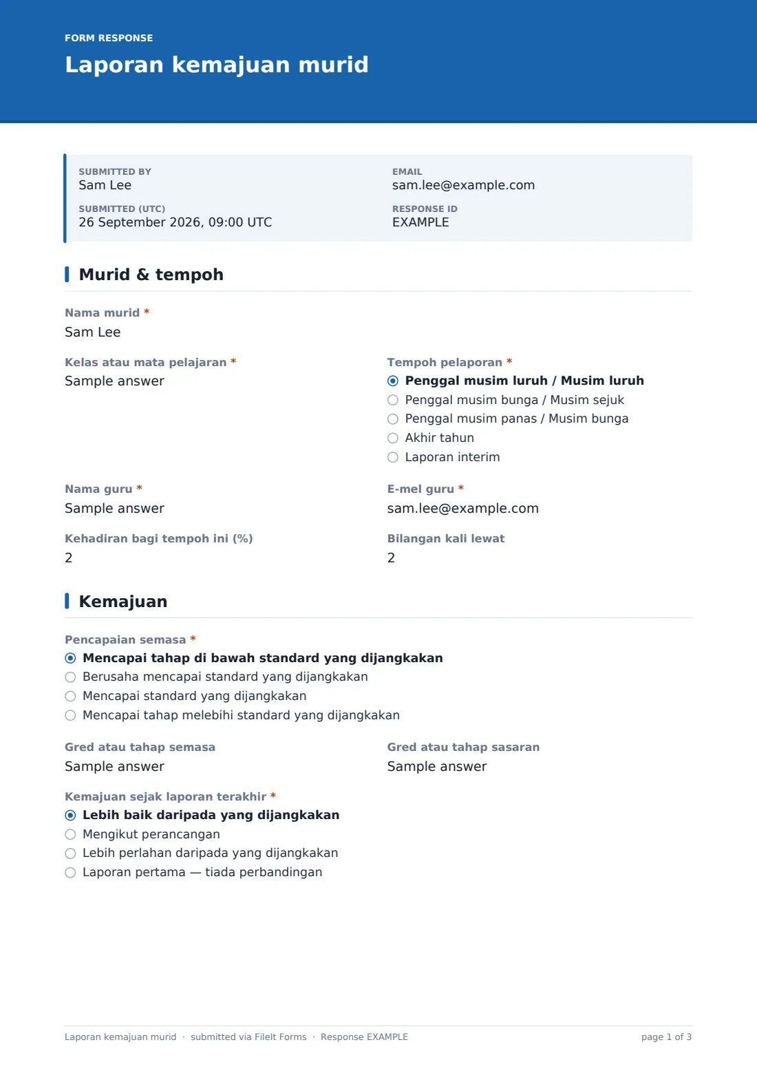 Laporan kemajuan murid — PDF respons contoh, halaman 1 daripada 3