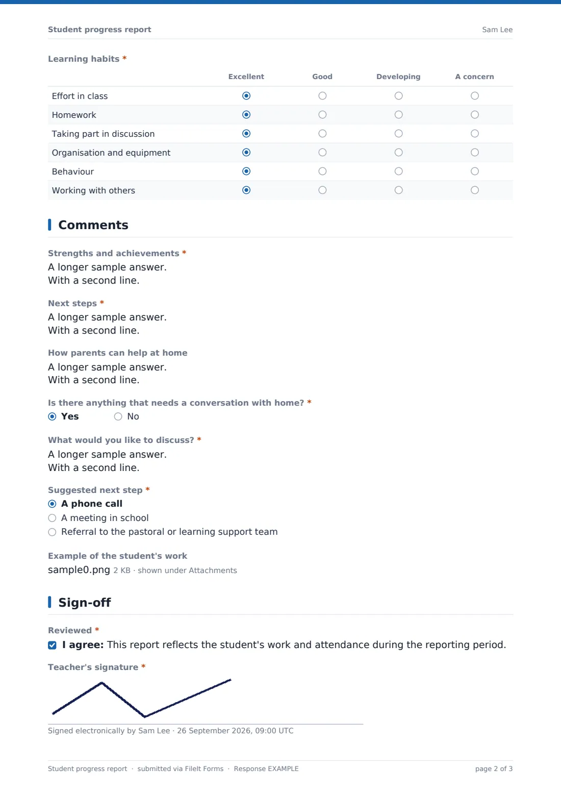 Student progress report — example response PDF, page 2 of 3