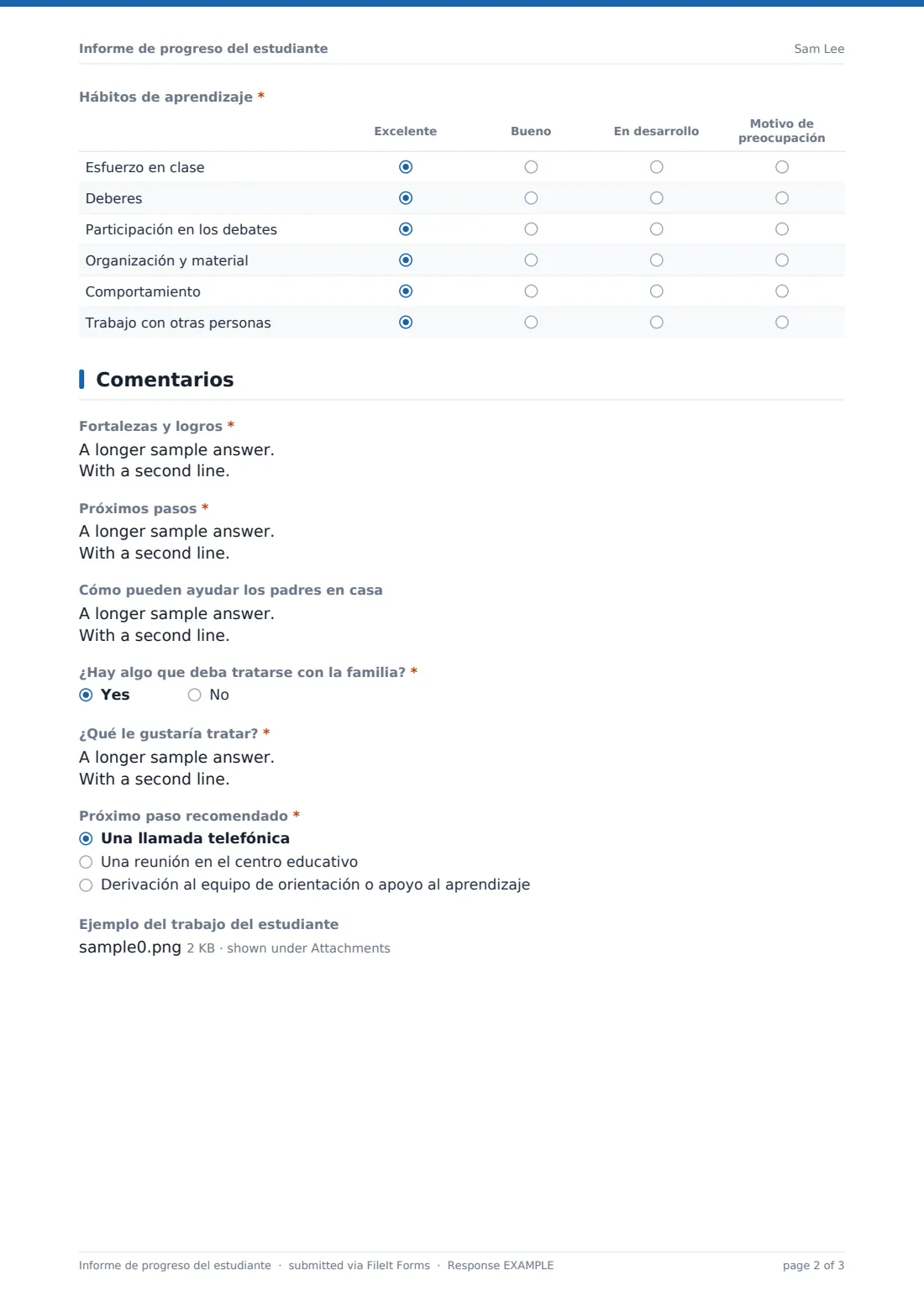 Informe de progreso del estudiante — PDF de respuesta de ejemplo, página 2 de 3