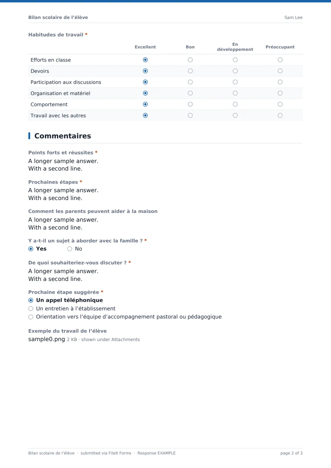 Bilan scolaire de l’élève — exemple de réponse au format PDF, page 2 sur 3