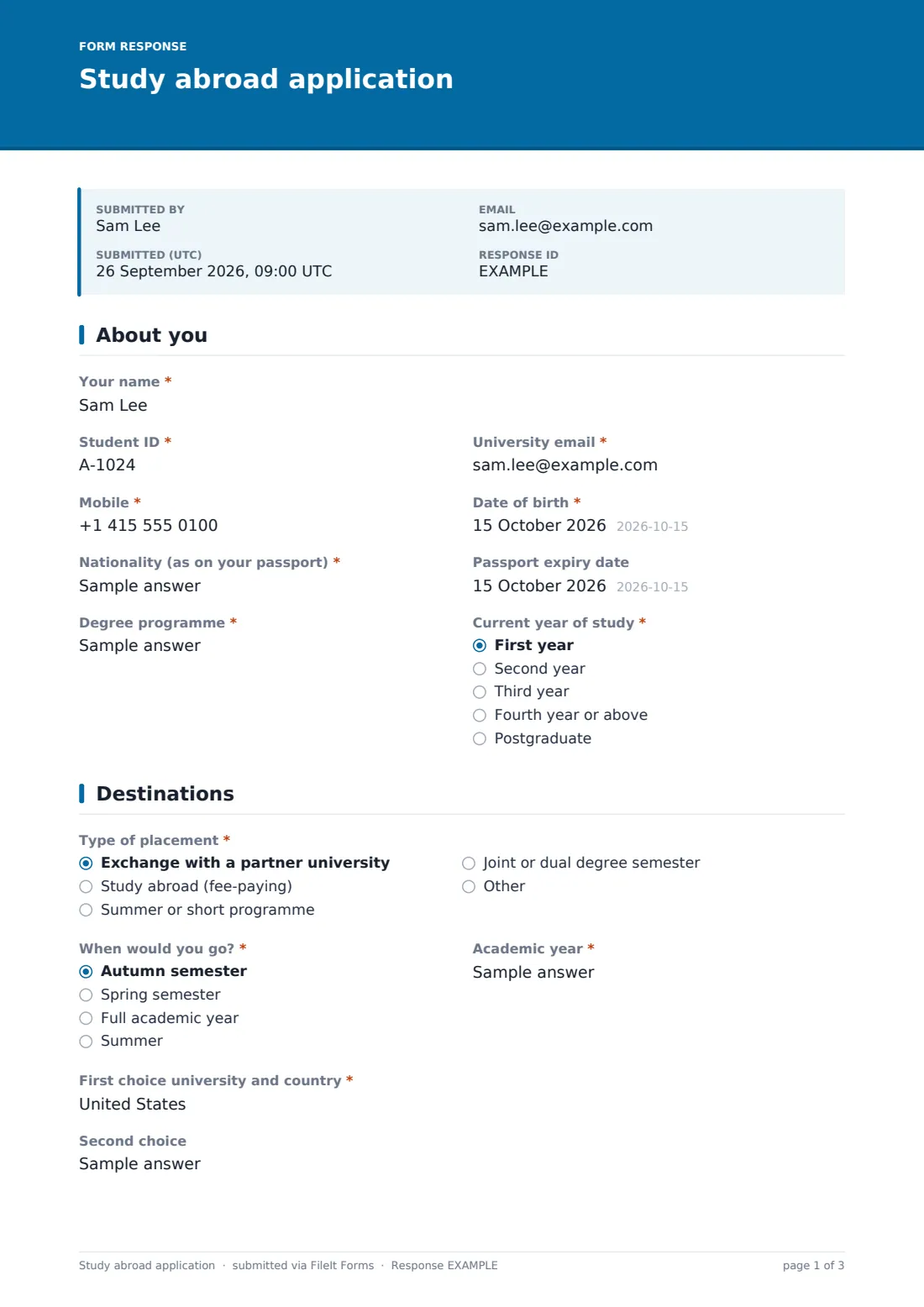 Study abroad application — example response PDF, page 1 of 3