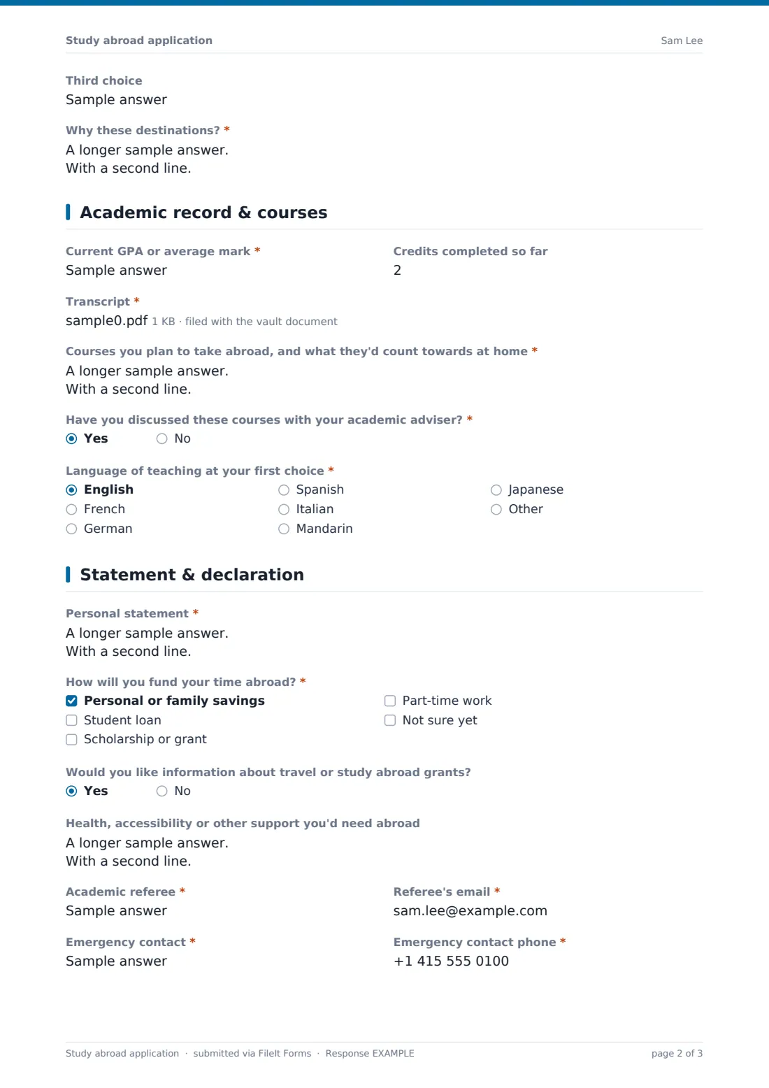 Study abroad application — example response PDF, page 2 of 3