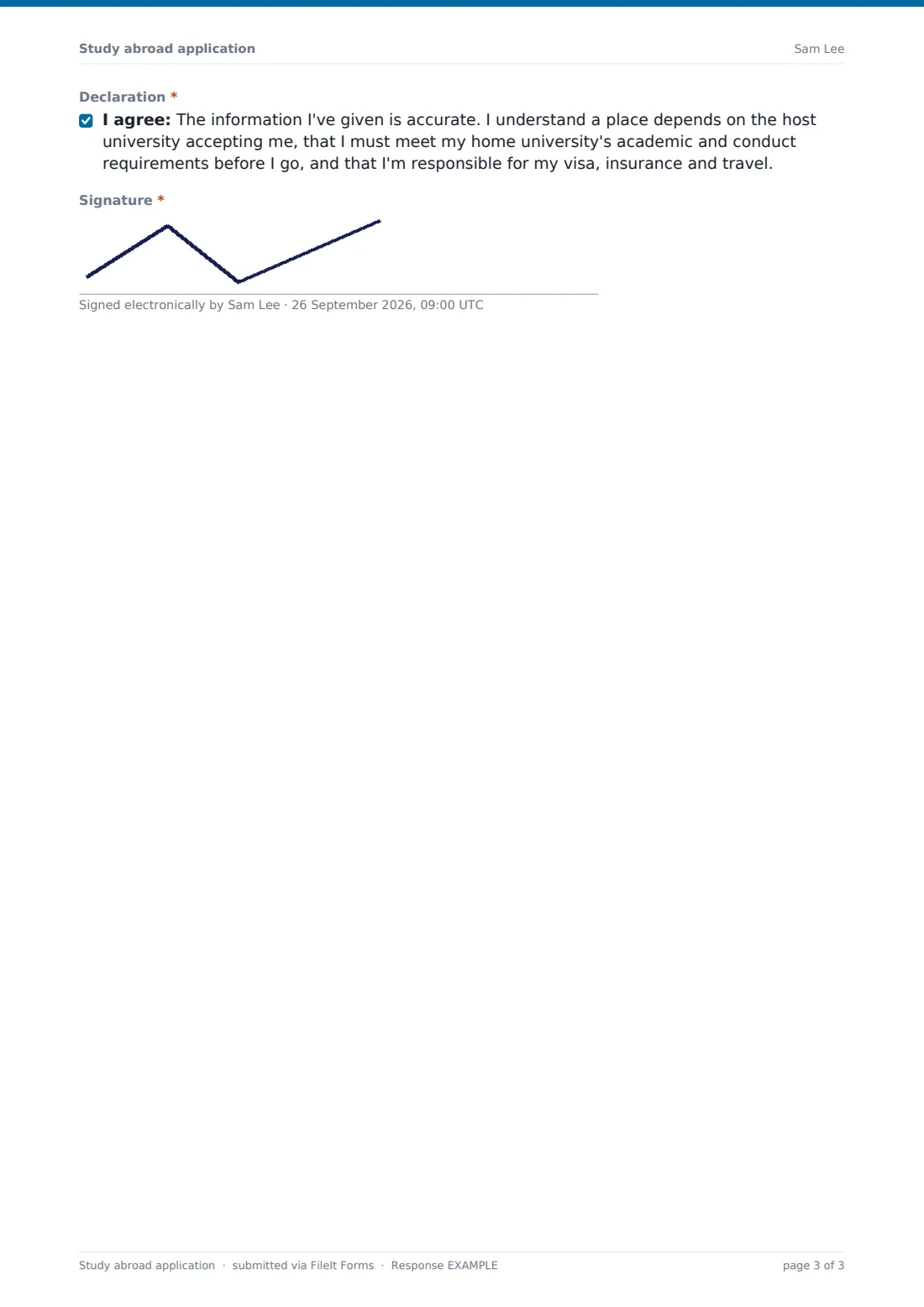 Study abroad application — example response PDF, page 3 of 3